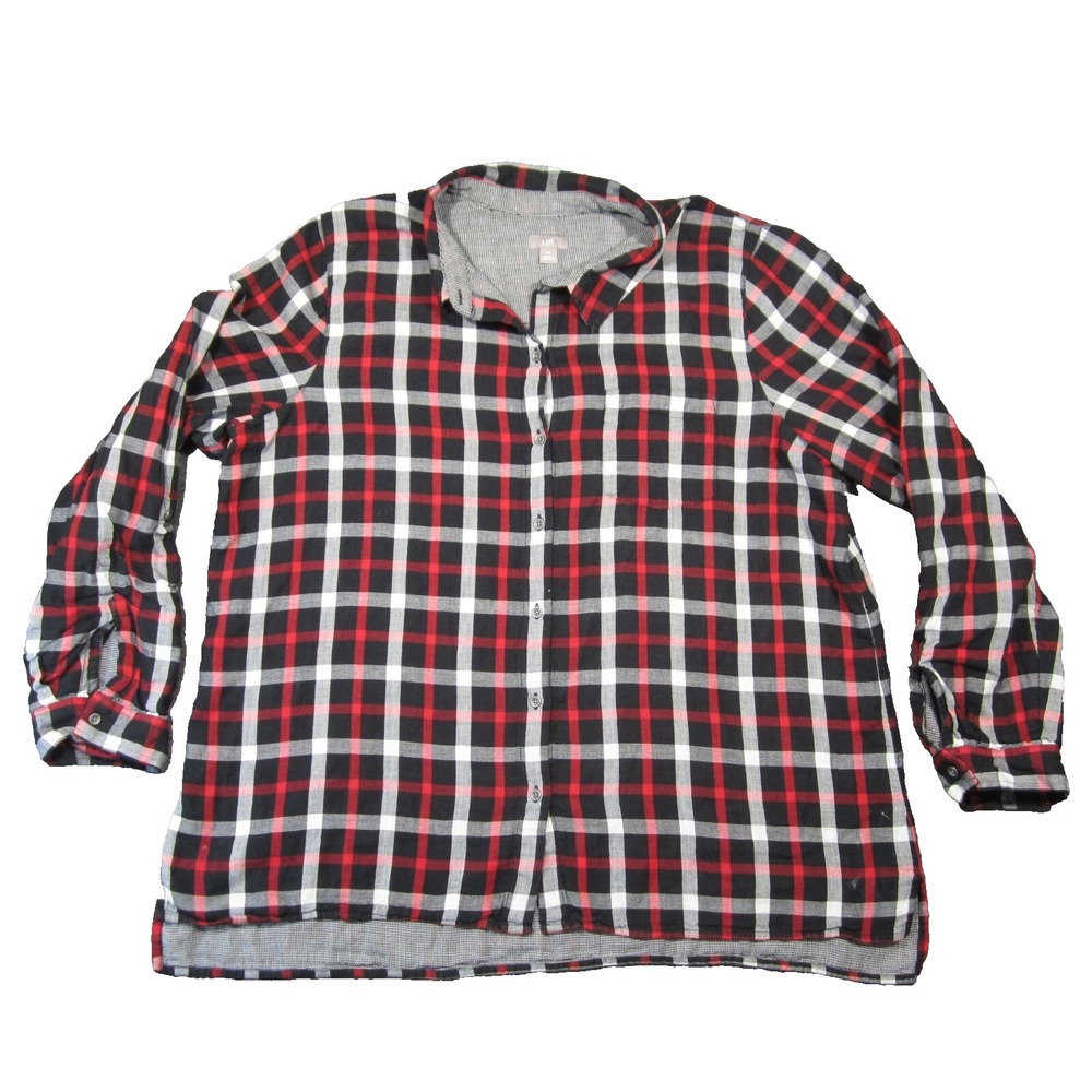 J Jill Shirt Womens XL Red Plaid Button Up Roll Tab Sleeves Lined Cozy Cabincore